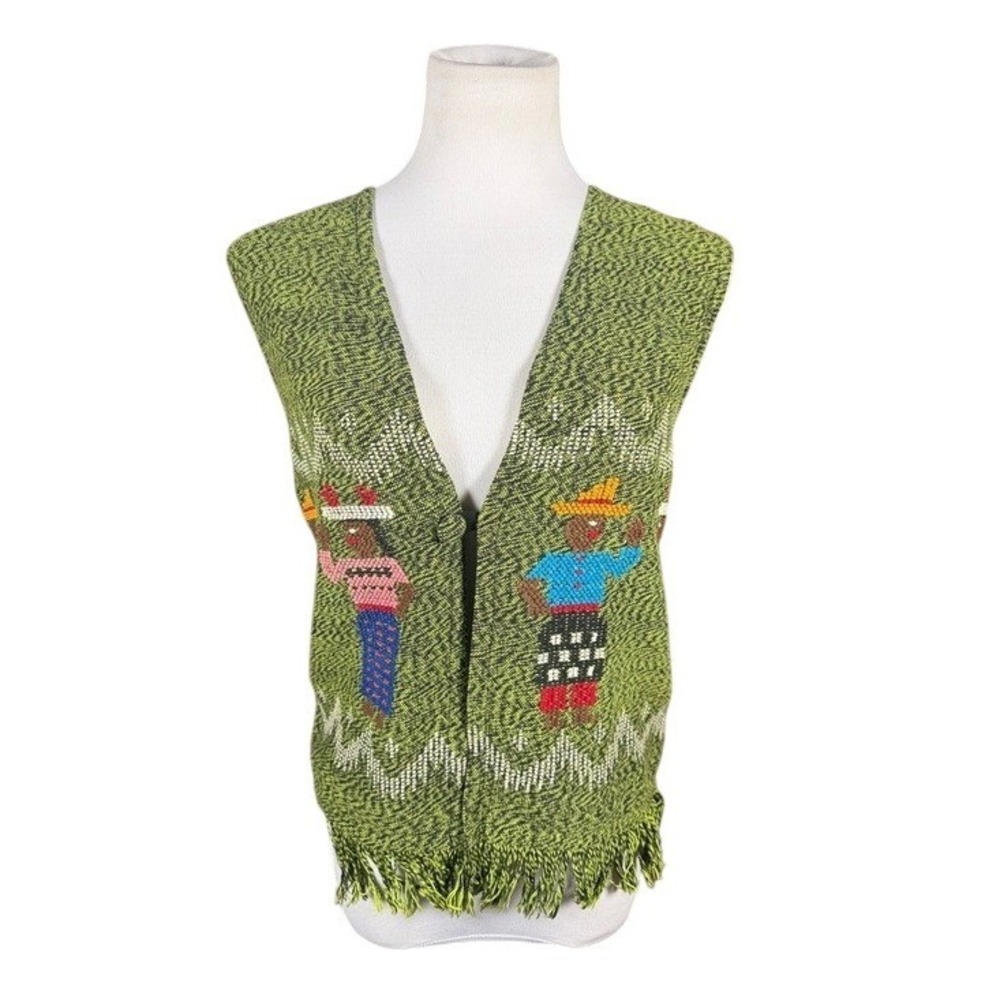 Vintage Style Green Woven Fringe‎ Vest Embroidered Folk Art Figures Boho C6-12
